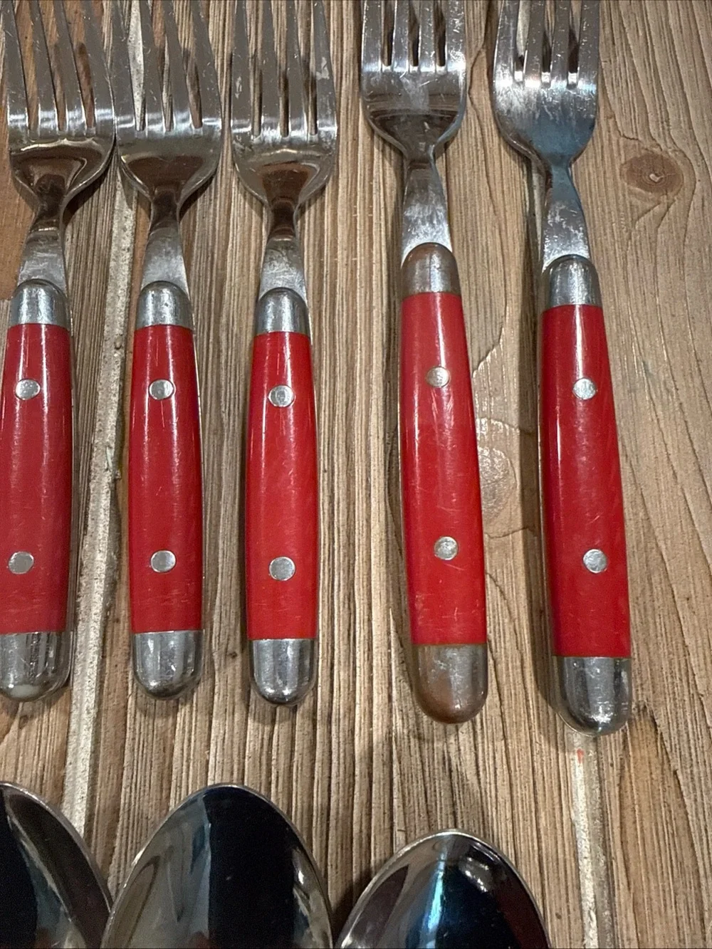 Vintage MCM Red Riveted Flatware 14 Pc Lot Stainless China X Knives Forks Spoons